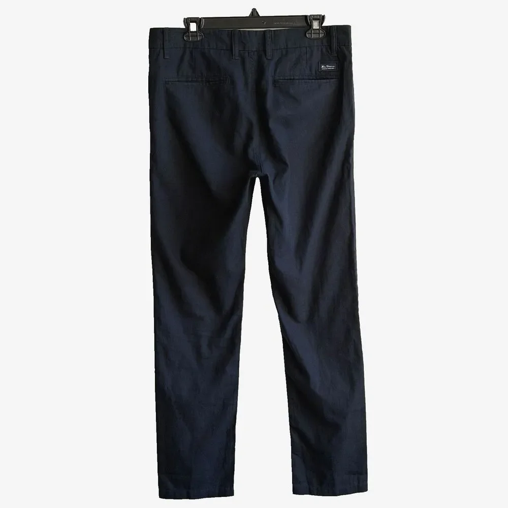 Ben Sherman Mens 32x32 Navy Blue Pants Slim Fit Linen Blend Flat Front (33x29.5)